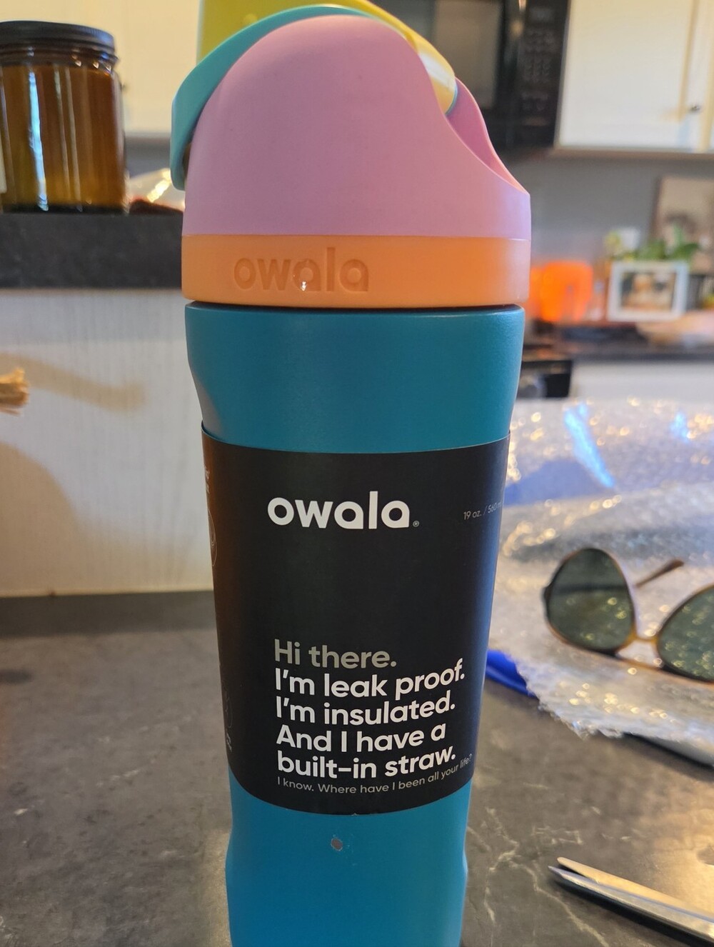 Owala Insulated Straw Bottle - Teal with Pink/Orange Lid